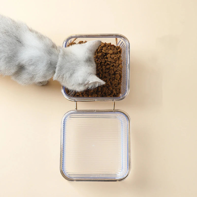 Pet Double Bowl Transparent Tall Cat Bowl Drinking Water Cat Food with Golden Bracket