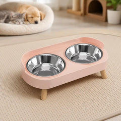 Elevated dual pet bowl for dogs and cats - stainless steel+plastic base with wooden feet