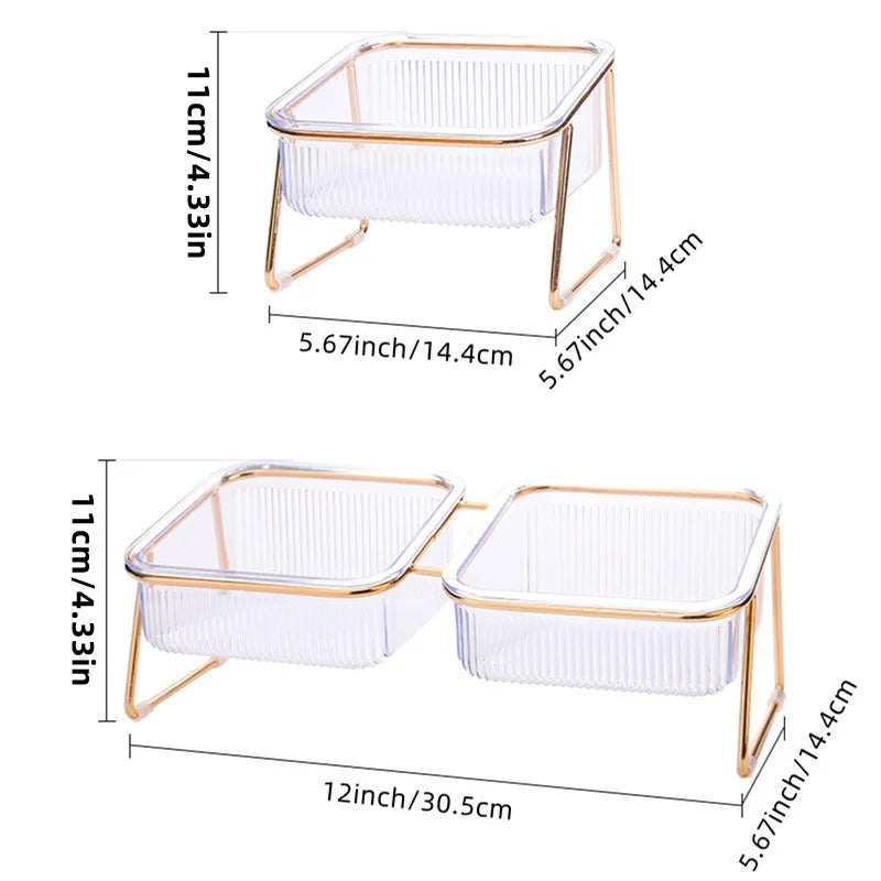Pet Double Bowl Transparent Tall Cat Bowl Drinking Water Cat Food with Golden Bracket