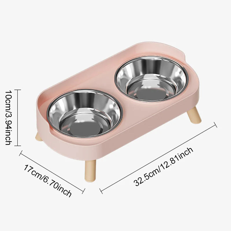 Elevated dual pet bowl for dogs and cats - stainless steel+plastic base with wooden feet