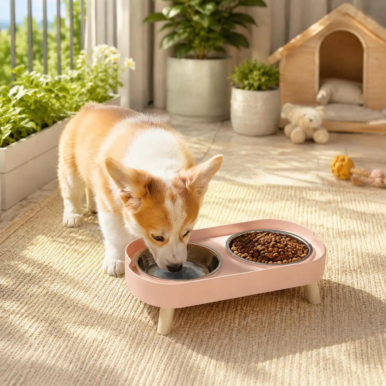 Elevated dual pet bowl for dogs and cats - stainless steel+plastic base with wooden feet