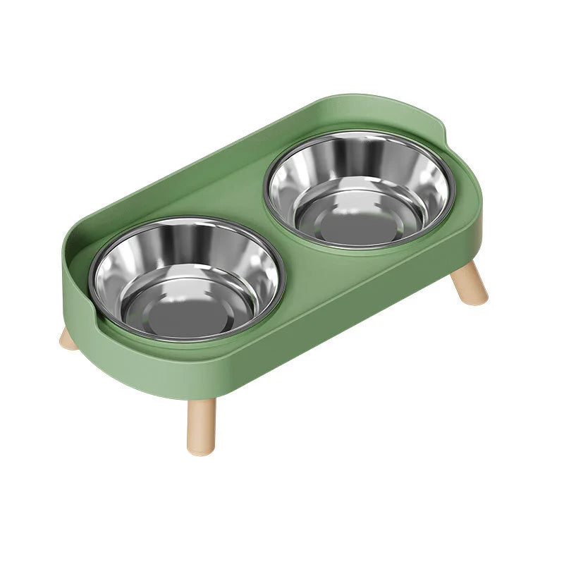 Elevated dual pet bowl for dogs and cats - stainless steel+plastic base with wooden feet