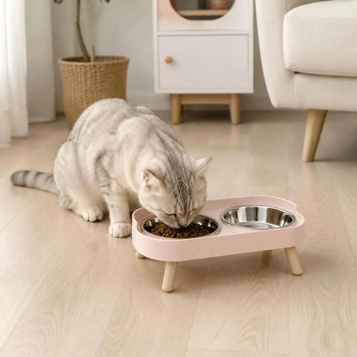 Elevated dual pet bowl for dogs and cats - stainless steel+plastic base with wooden feet