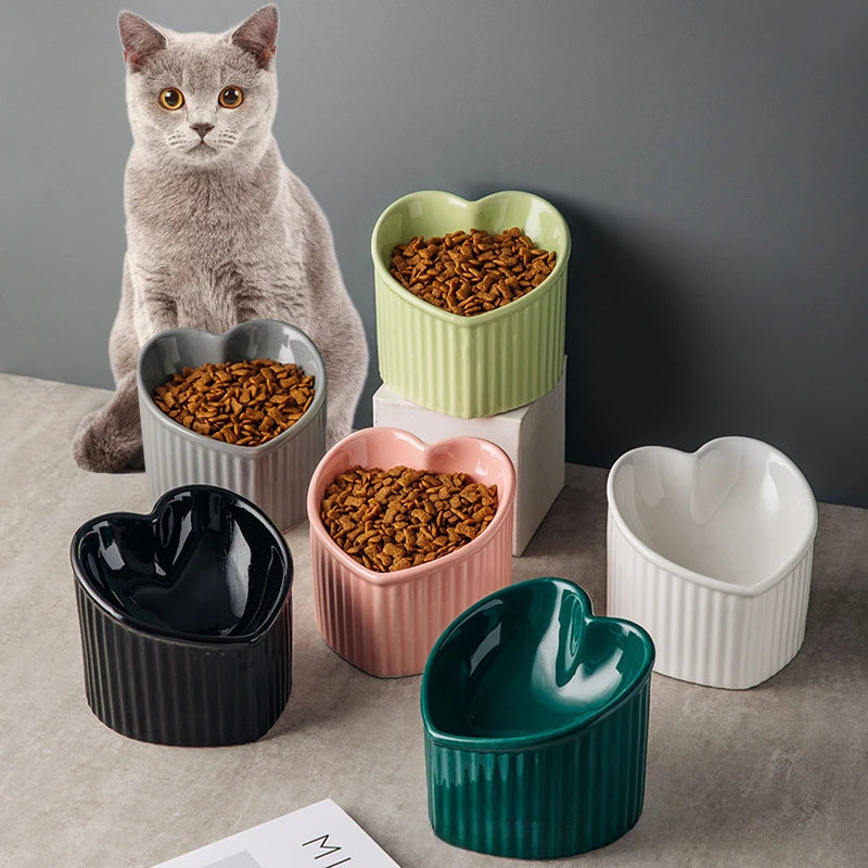 Tilted ceramic cat bowl with bracket - anti tip elevated cat food tray for neck protection