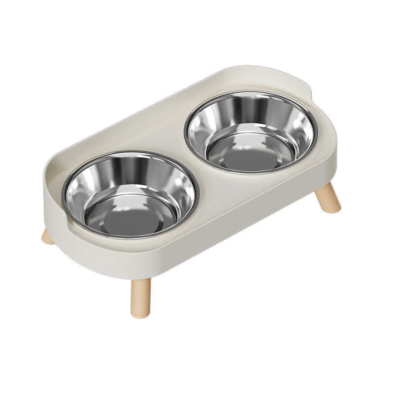 Elevated dual pet bowl for dogs and cats - stainless steel+plastic base with wooden feet